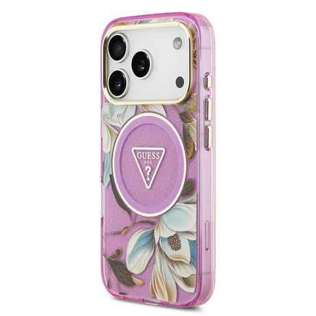 Apple iPhone 17 Pro Kılıf Guess Orjinal Lisanslı M-safe Şarj Özellikli Simli Çiçek Desenli Metal Kamera Çerçeveli Üçgen Logolu Kapak