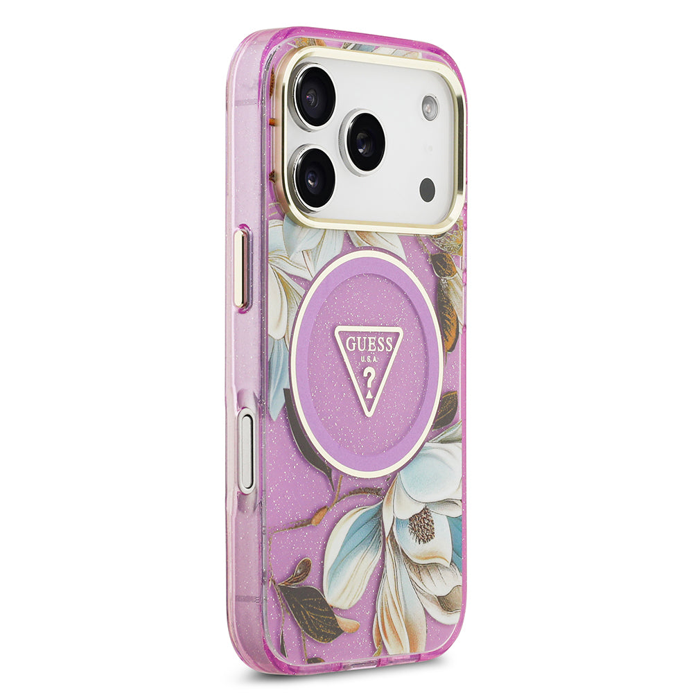 Apple iPhone 17 Pro Kılıf Guess Orjinal Lisanslı M-safe Şarj Özellikli Simli Çiçek Desenli Metal Kamera Çerçeveli Üçgen Logolu Kapak