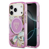 Apple iPhone 17 Pro Kılıf Guess Orjinal Lisanslı M-safe Şarj Özellikli Simli Çiçek Desenli Metal Kamera Çerçeveli Üçgen Logolu Kapak
