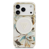 Apple iPhone 17 Pro Kılıf Guess Orjinal Lisanslı M-safe Şarj Özellikli Simli Çiçek Desenli Metal Kamera Çerçeveli Üçgen Logolu Kapak