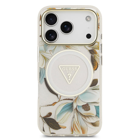 Apple iPhone 17 Pro Kılıf Guess Orjinal Lisanslı M-safe Şarj Özellikli Simli Çiçek Desenli Metal Kamera Çerçeveli Üçgen Logolu Kapak