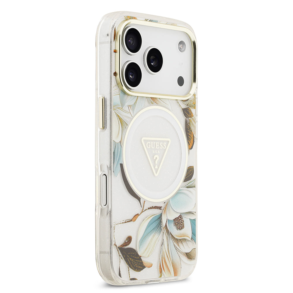 Apple iPhone 17 Pro Kılıf Guess Orjinal Lisanslı M-safe Şarj Özellikli Simli Çiçek Desenli Metal Kamera Çerçeveli Üçgen Logolu Kapak