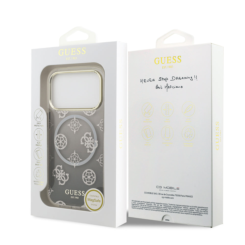Apple iPhone 17 Pro Kılıf Guess Orjinal Lisanslı M-safe Şarj Özellikli Simli Peony Desenli Silikon Kapak