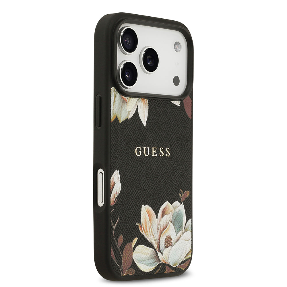 Apple iPhone 17 Pro Kılıf Guess Orjinal Lisanslı M-safe Şarj Özellikli Taneli Çiçek Tasarımlı Metal Yazı Logolu Kapak