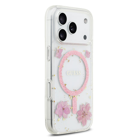 Apple iPhone 17 Pro Kılıf Guess Orjinal Lisanslı M-safe Şarj Özellikli Transparan Resin Flowers Kapak