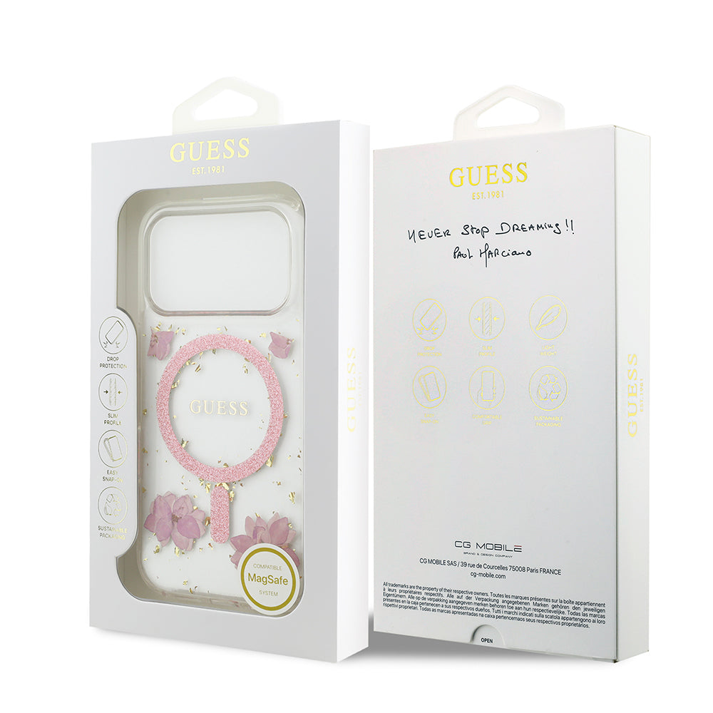 Apple iPhone 17 Pro Kılıf Guess Orjinal Lisanslı M-safe Şarj Özellikli Transparan Resin Flowers Kapak