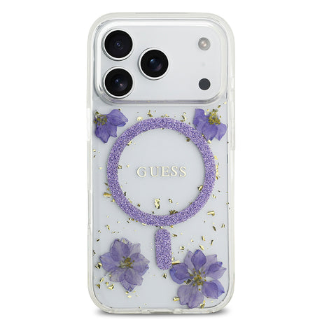 Apple iPhone 17 Pro Kılıf Guess Orjinal Lisanslı M-safe Şarj Özellikli Transparan Resin Flowers Kapak