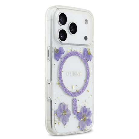 Apple iPhone 17 Pro Kılıf Guess Orjinal Lisanslı M-safe Şarj Özellikli Transparan Resin Flowers Kapak