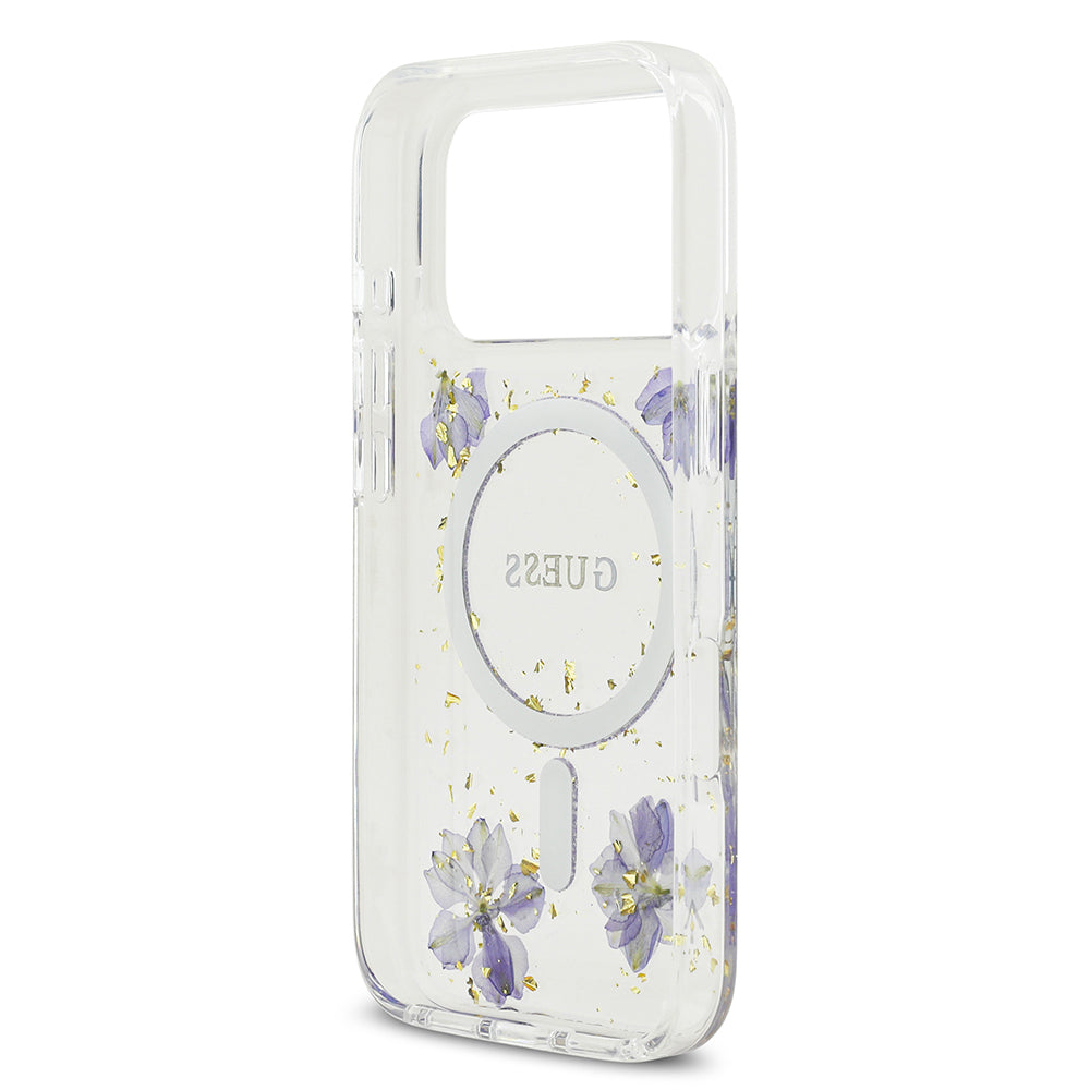 Apple iPhone 17 Pro Kılıf Guess Orjinal Lisanslı M-safe Şarj Özellikli Transparan Resin Flowers Kapak