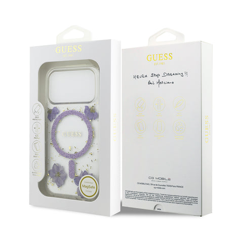 Apple iPhone 17 Pro Kılıf Guess Orjinal Lisanslı M-safe Şarj Özellikli Transparan Resin Flowers Kapak