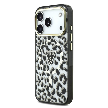 Apple iPhone 17 Pro Kılıf Guess Orjinal Lisanslı M-safe Şarj Özellikli Üçgen Logolu Simli Leopar Desenli Kapak