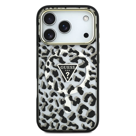 Apple iPhone 17 Pro Kılıf Guess Orjinal Lisanslı M-safe Şarj Özellikli Üçgen Logolu Simli Leopar Desenli Kapak
