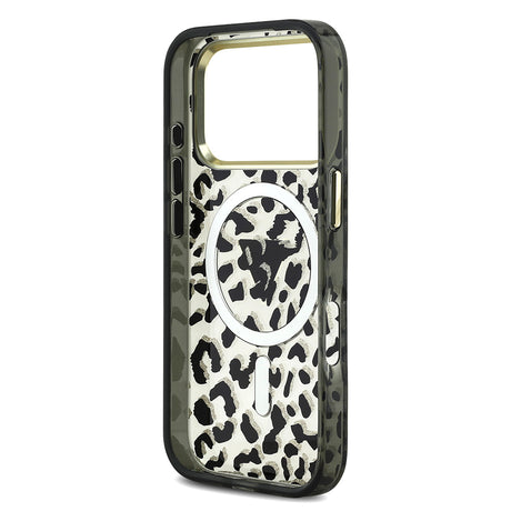 Apple iPhone 17 Pro Kılıf Guess Orjinal Lisanslı M-safe Şarj Özellikli Üçgen Logolu Simli Leopar Desenli Kapak