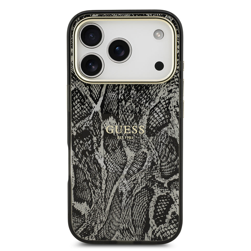 Apple iPhone 17 Pro Kılıf Guess Orjinal Lisanslı M-safe Şarj Özellikli Yazı Logolu Python Desenli Kapak