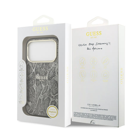 Apple iPhone 17 Pro Kılıf Guess Orjinal Lisanslı M-safe Şarj Özellikli Yazı Logolu Python Desenli Kapak