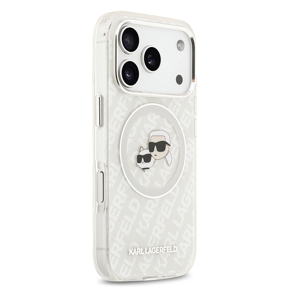 Apple iPhone 17 Pro Kılıf Karl Lagerfeld Orjinal Lisanslı Parlayan Simli Karl & Choupette Heads Kapak