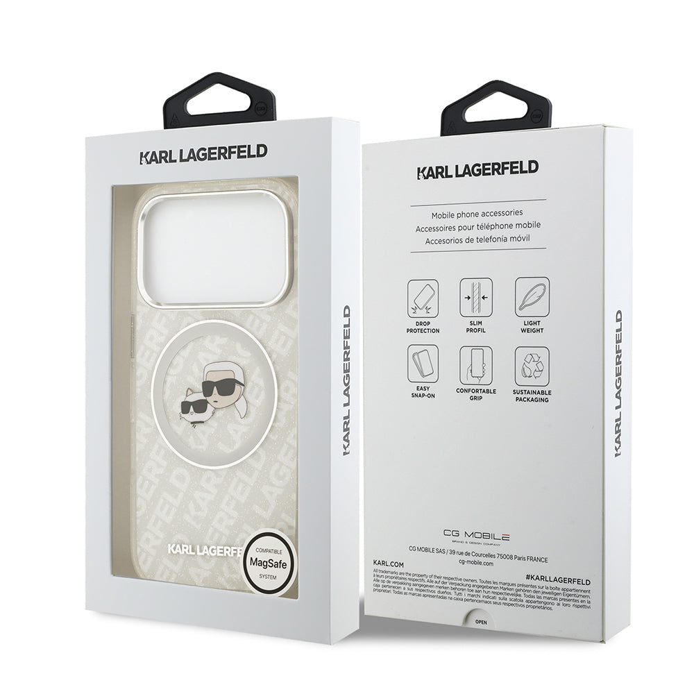 Apple iPhone 17 Pro Kılıf Karl Lagerfeld Orjinal Lisanslı Parlayan Simli Karl & Choupette Heads Kapak