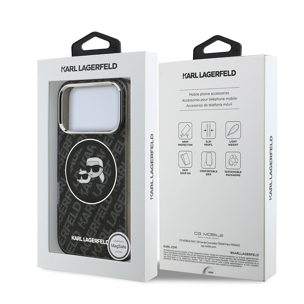 Apple iPhone 17 Pro Kılıf Karl Lagerfeld Orjinal Lisanslı Parlayan Simli Karl & Choupette Heads Kapak