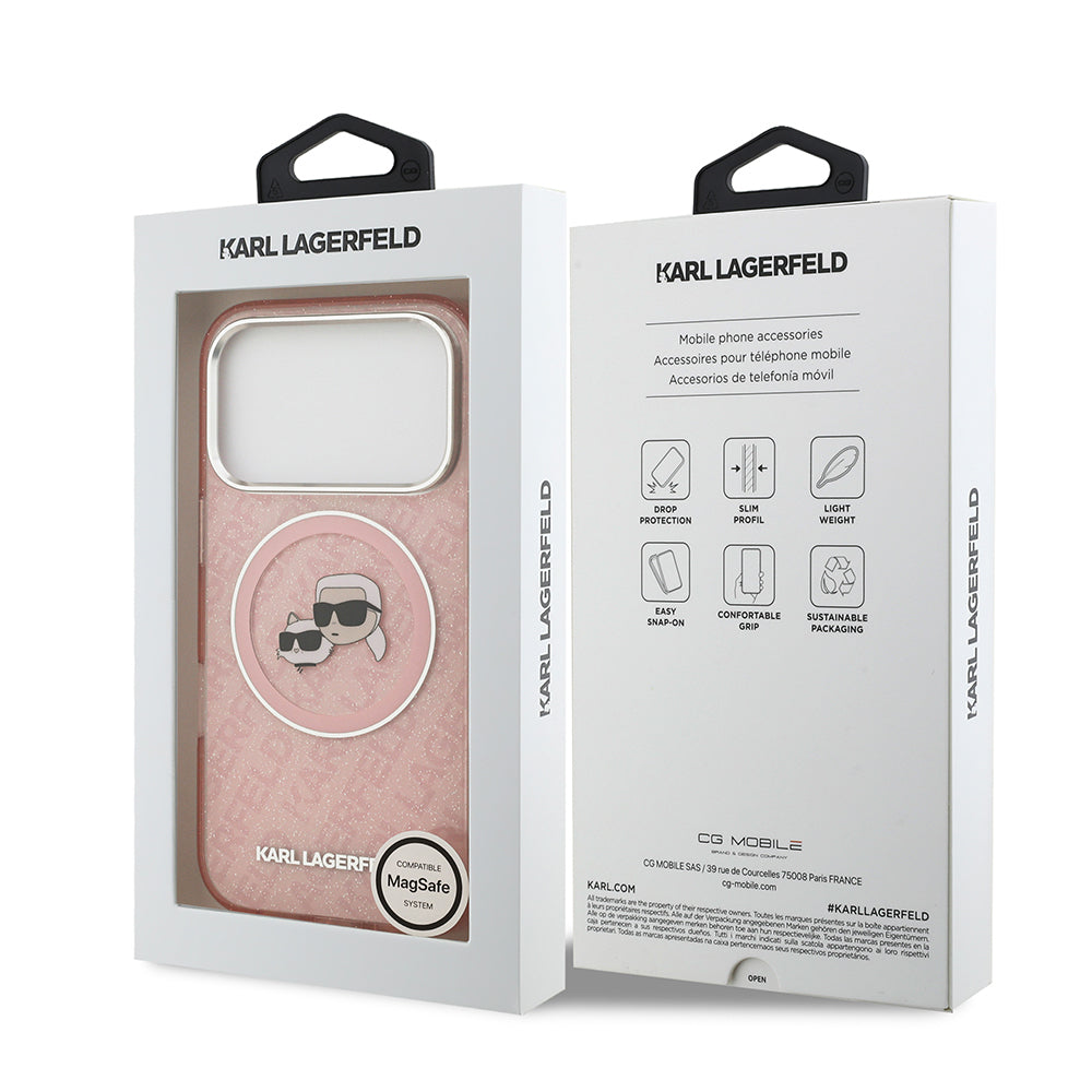 Apple iPhone 17 Pro Kılıf Karl Lagerfeld Orjinal Lisanslı Parlayan Simli Karl & Choupette Heads Kapak