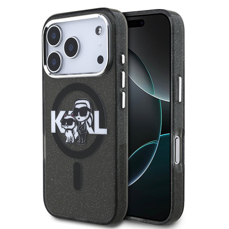 Apple iPhone 17 Pro Kılıf Karl Lagerfeld Orjinal Lisanslı Parlayan Simli Karl & Choupette Sketch Logo Kapak