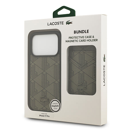 Apple iPhone 17 Pro Kılıf Lacoste Orjinal Lisanslı M-safe Şarj Özellikli PU Deri Tasarımlı Kartlıklı Karışık Monogram Desenli Kapak