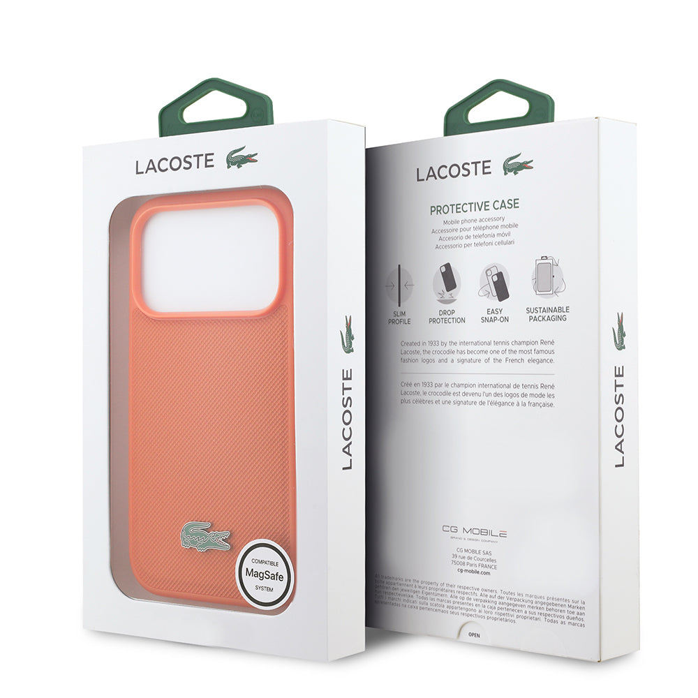 Apple iPhone 17 Pro Kılıf Lacoste Orjinal Lisanslı M-safe Şarj Özellikli PU Pike Desenli Metal Logolu Kapak