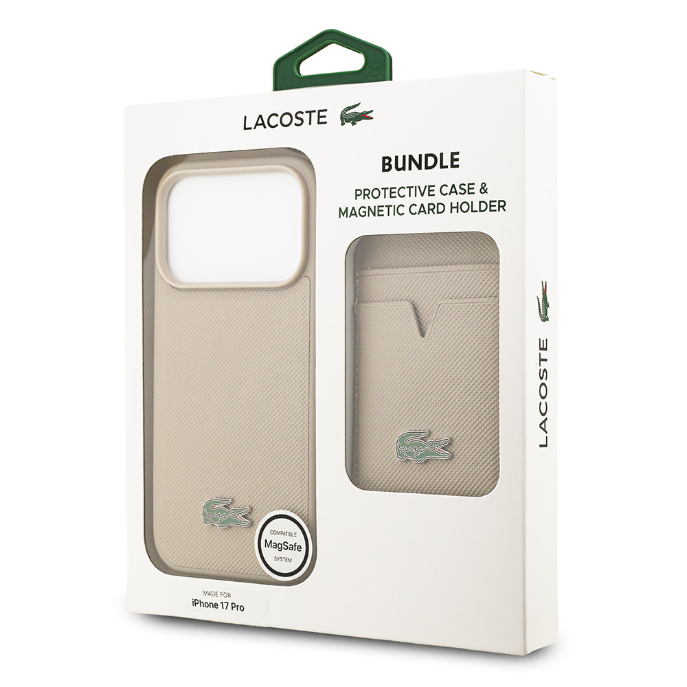 Apple iPhone 17 Pro Kılıf Lacoste Orjinal Lisanslı M-safe Şarj Özellikli PU Pike Desenli Metal Logolu Kartlıklı Kapak