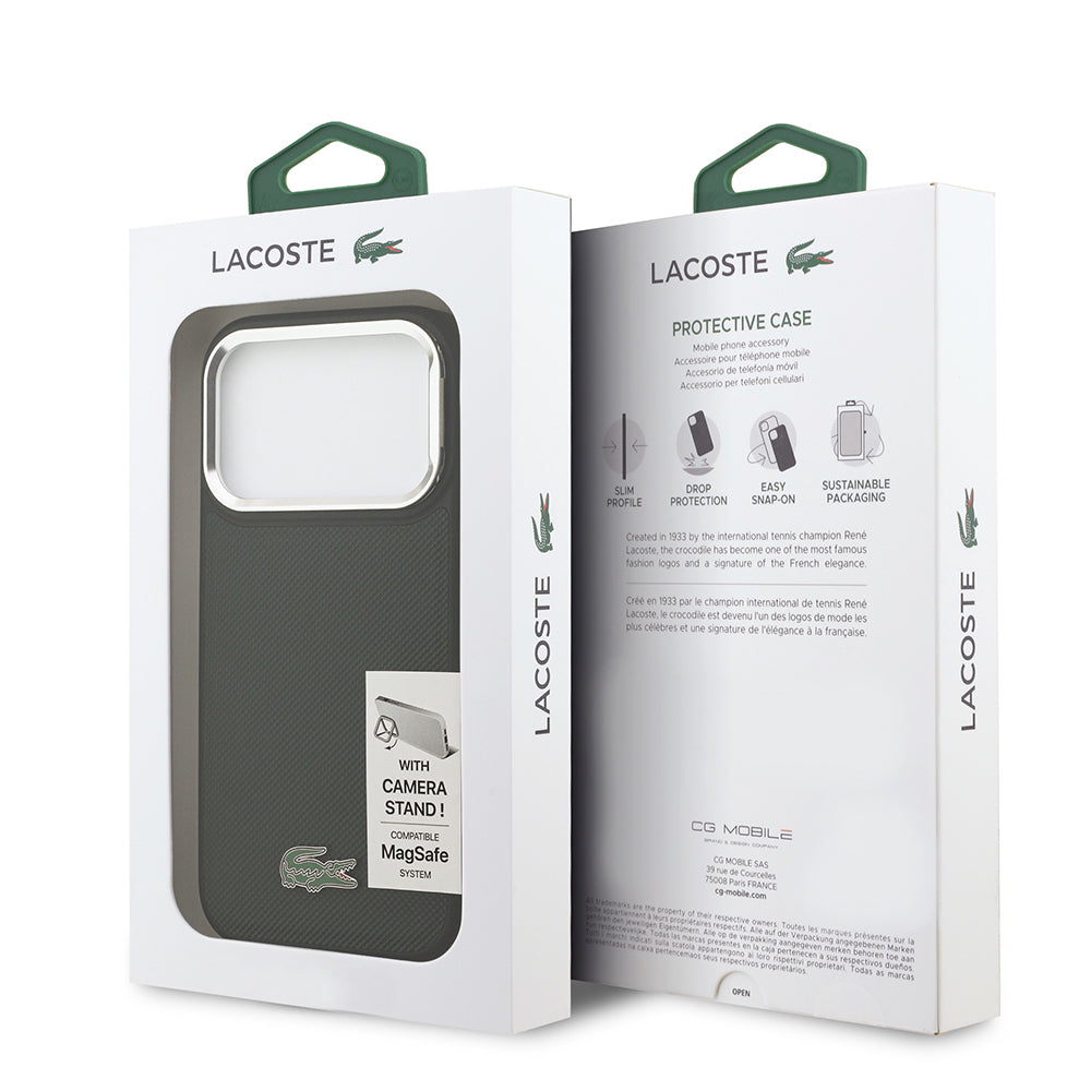 Apple iPhone 17 Pro Kılıf Lacoste Orjinal Lisanslı M-safe Şarj Özellikli PU Pike Desenli Standlı Metal Logolu Kapak