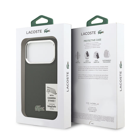 Apple iPhone 17 Pro Kılıf Lacoste Orjinal Lisanslı M-safe Şarj Özellikli PU Pike Desenli Standlı Metal Logolu Kapak