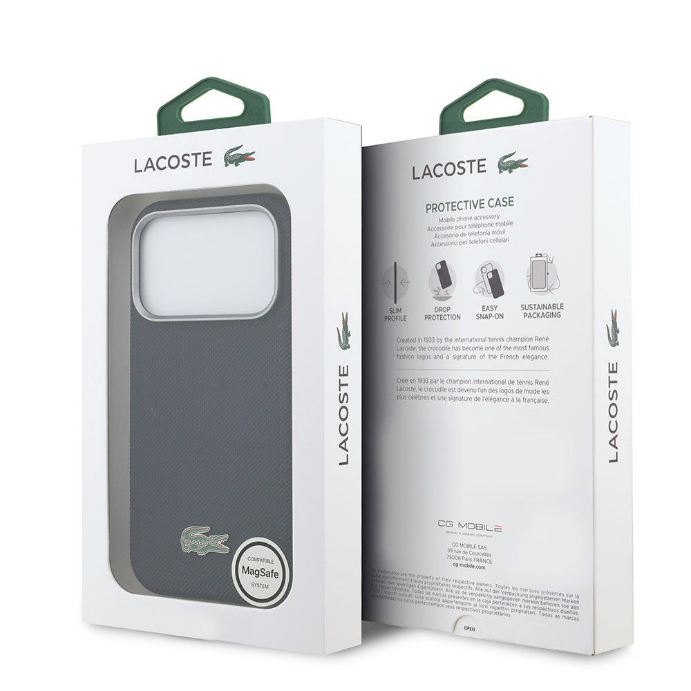 Apple iPhone 17 Pro Kılıf Lacoste Orjinal Lisanslı M-Safe Şarj Özellikli PVC Yarı Pike Desenli Arka Yüzey İkonik Timsah Dokuma Logolu Kapak