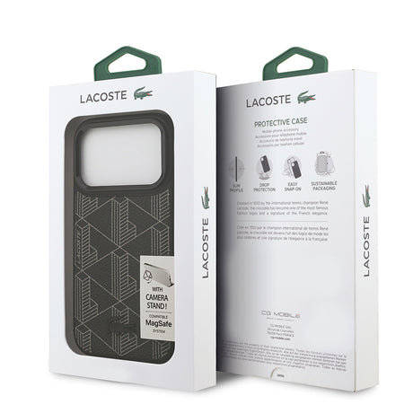 Apple iPhone 17 Pro Kılıf Lacoste Orjinal Lisanslı M-safe Şarj Özellikli Standlı PU Deri Karışık Monogram Desenli Kapak