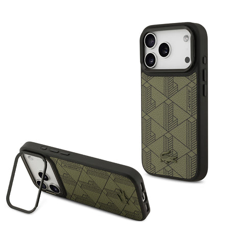 Apple iPhone 17 Pro Kılıf Lacoste Orjinal Lisanslı M-safe Şarj Özellikli Standlı PU Deri Karışık Monogram Desenli Kapak