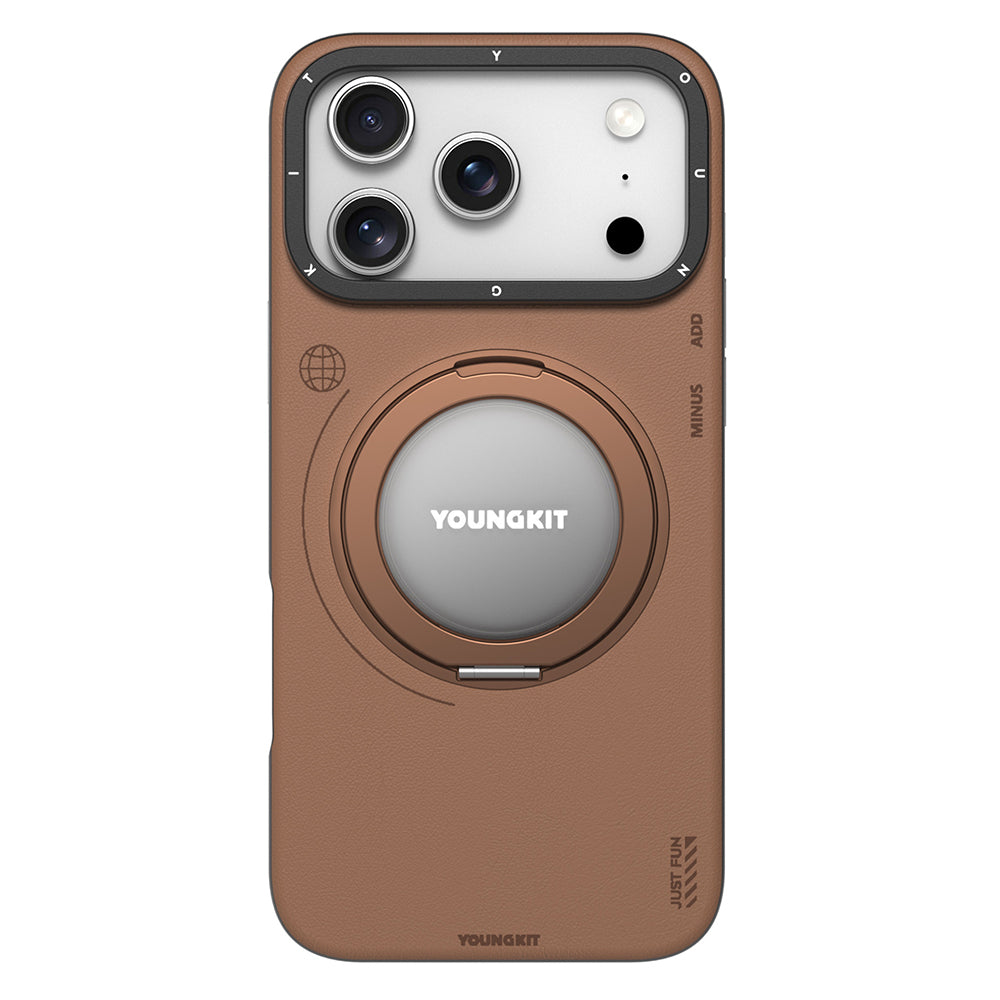 Apple iPhone 17 Pro Kılıf M-safe Şarj Özellikli 360 Derece Standlı Basit Mat Deri Desenli Youngkit Tech Leather Serisi Kapak