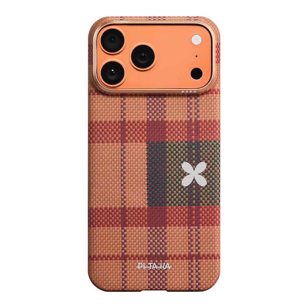 Apple iPhone 17 Pro Kılıf M-safe Şarj Özellikli Aramid Karbon Fiber Pitaka Flora in Grid Serisi Kapak