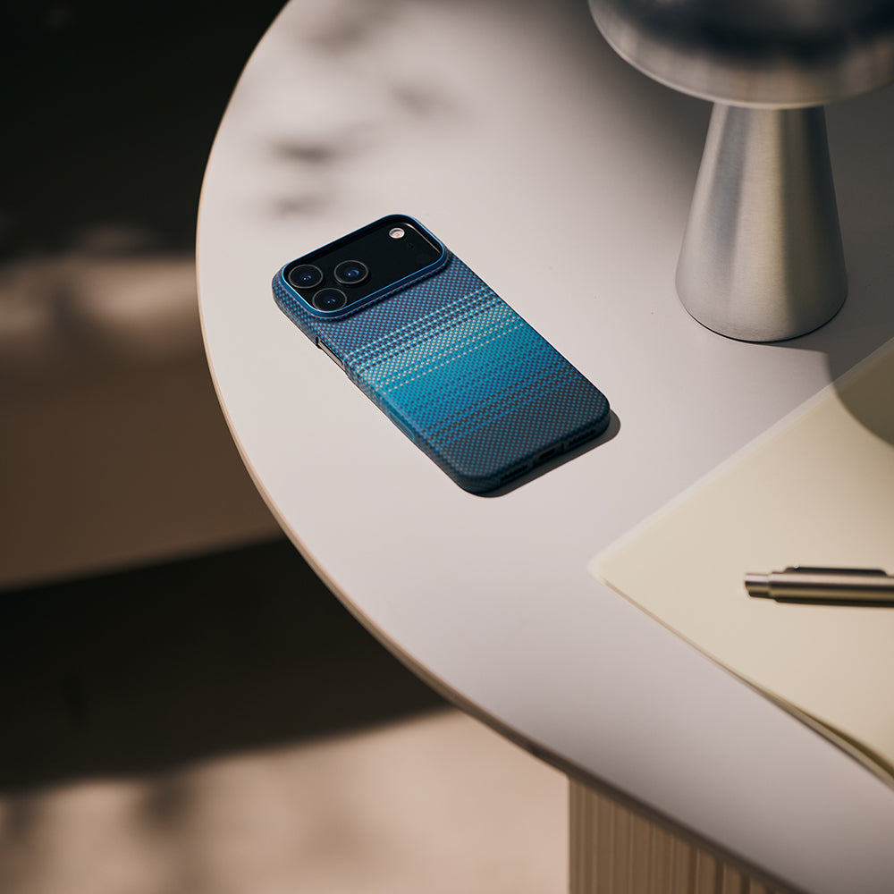 Apple iPhone 17 Pro Kılıf M-safe Şarj Özellikli Aramid Fiber Pitaka Tactile Woven Sunset-Moonrise Serisi Kapak