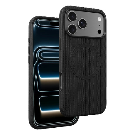 Apple iPhone 17 Pro Kılıf M-Safe Şarj Özellikli Çizgi Desenli Kumaş Dokulu Zore Paris Lorin Kapak