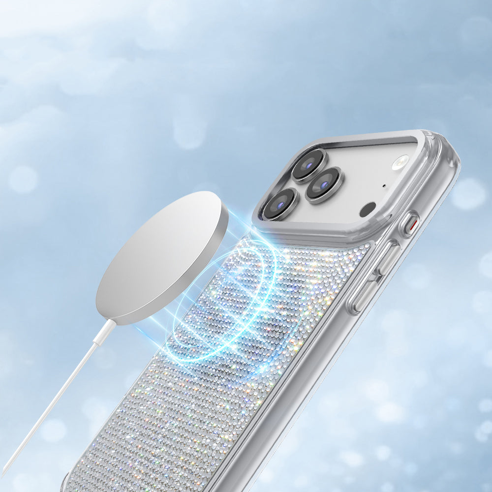 Apple iPhone 17 Pro Kılıf M-Safe Şarj Özellikli El İşlemeli Swarovski Taşlı Zore Paris Riva Sert PC Kapak