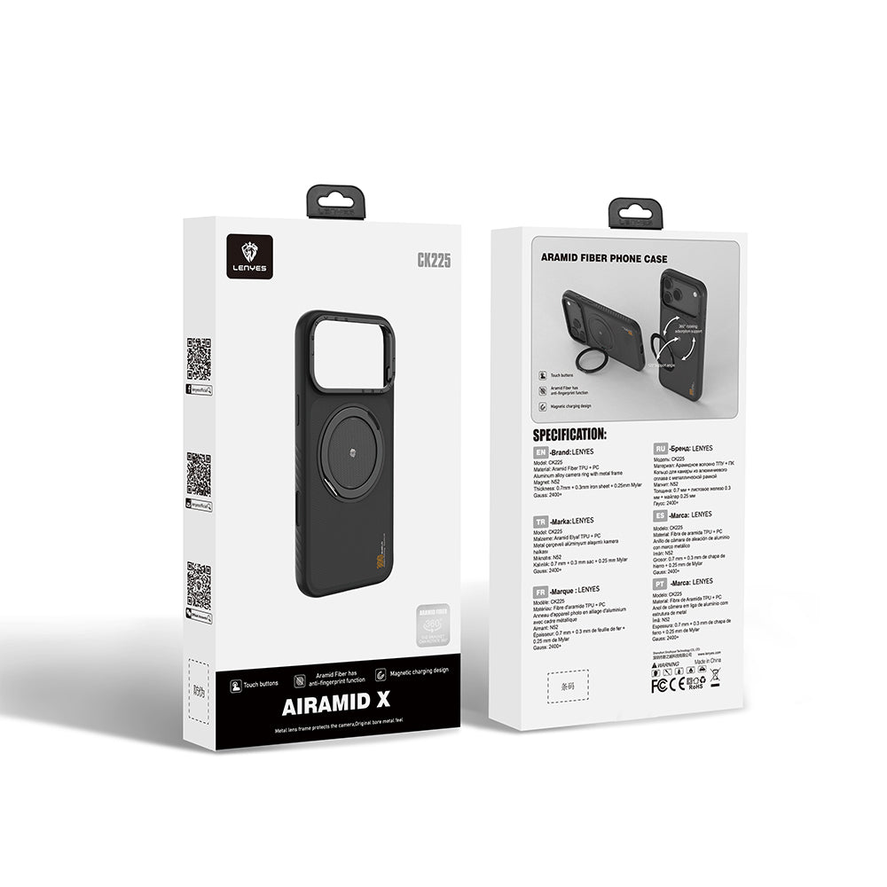Apple iPhone 17 Pro Kılıf M-safe Şarj Özellikli Metal Standlı Lenyes CK225 Kevlar Kapak
