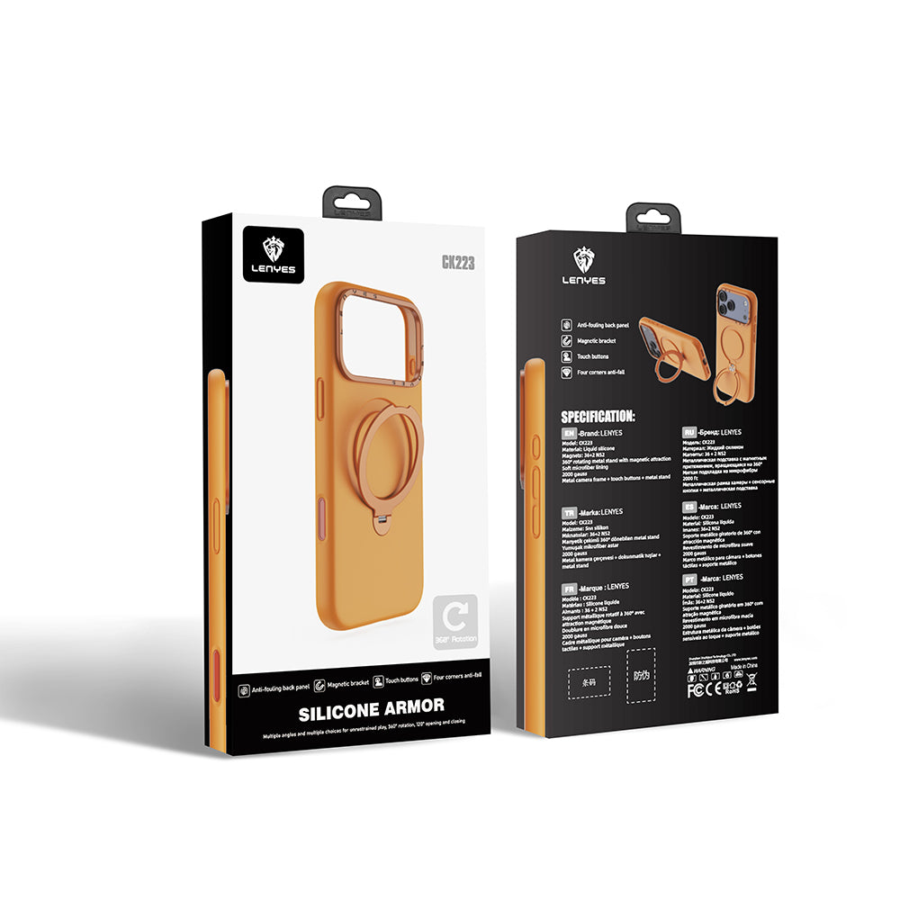 Apple iPhone 17 Pro Kılıf M-safe Şarj Özellikli Metal Standlı Sıvı Silikon Lenyes CK223 Kapak