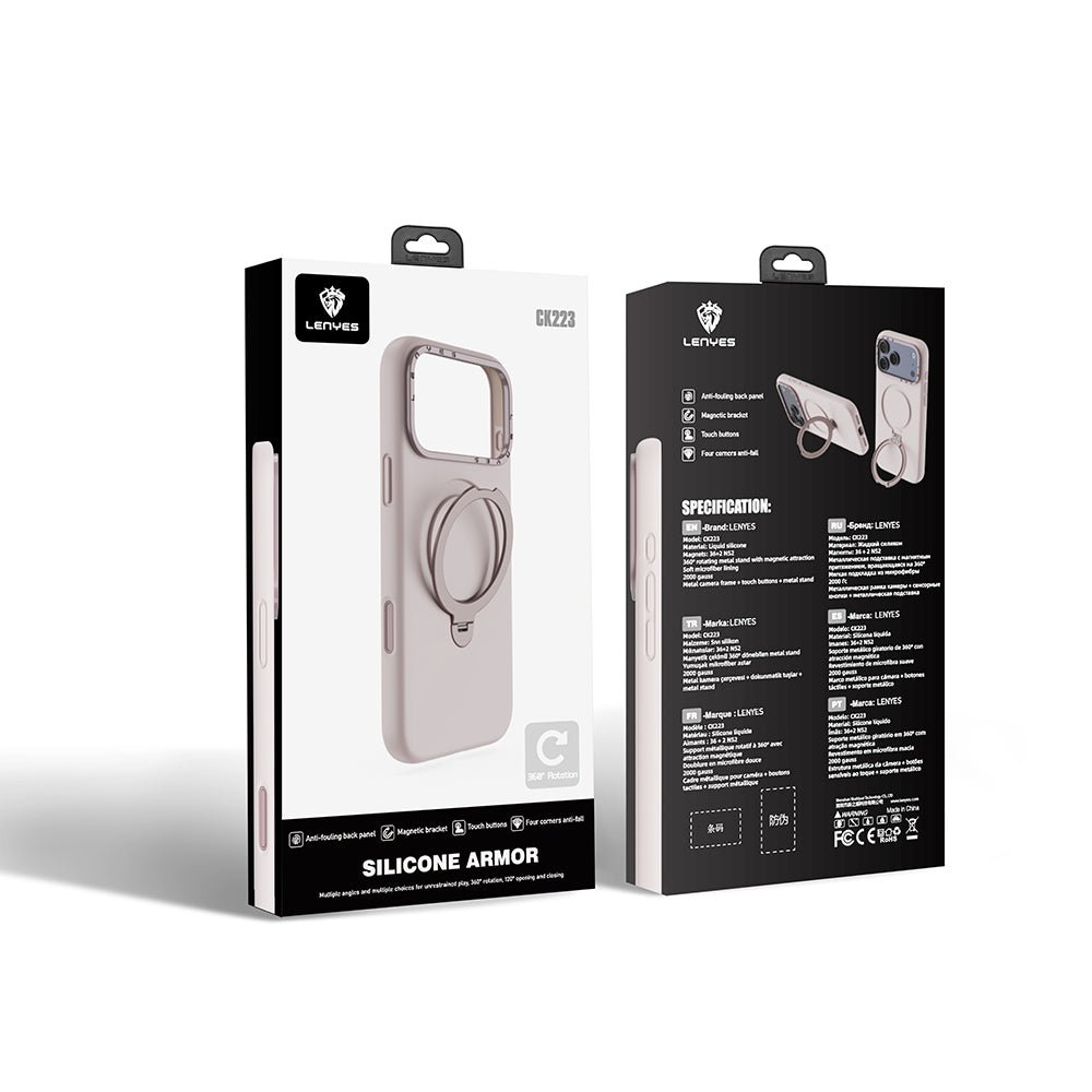 Apple iPhone 17 Pro Kılıf M-safe Şarj Özellikli Metal Standlı Sıvı Silikon Lenyes CK223 Kapak