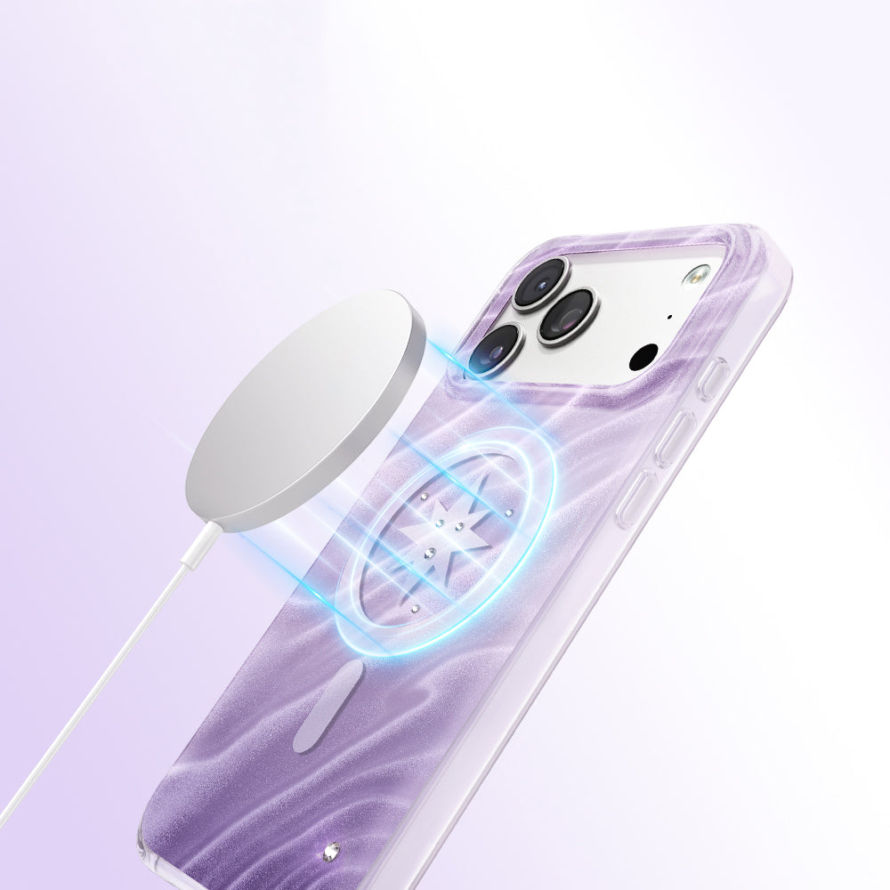 Apple iPhone 17 Pro Kılıf M-Safe Şarj Özellikli Orjinal Swarovski Taşlı Zore Paris Rovix Sert PC Kapak