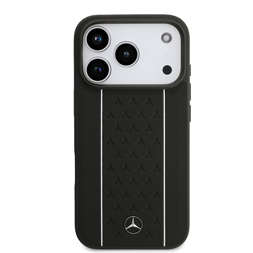 Apple iPhone 17 Pro Kılıf Mercedes Benz Orjinal Lisanslı M-safe Şarj Özellikli Şeritli Yıldız Desenli Metal Logolu Deri Kapak