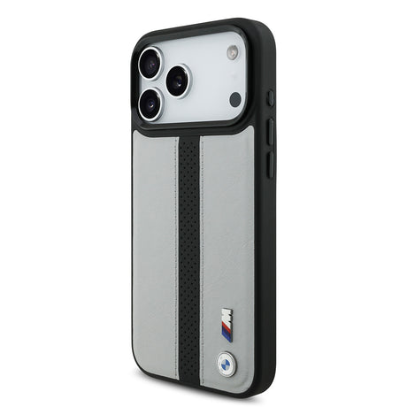 Apple iPhone 17 Pro Max Kılıf BMW Orjinal Lisanslı M-safe Şarj Özellikli Deri Arka Yüzey Metal Logolu Delikli Şerit Tasarımlı Kapak