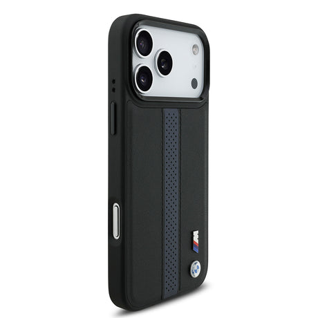 Apple iPhone 17 Pro Max Kılıf BMW Orjinal Lisanslı M-safe Şarj Özellikli Deri Arka Yüzey Metal Logolu Delikli Şerit Tasarımlı Kapak