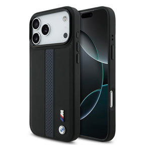 Apple iPhone 17 Pro Max Kılıf BMW Orjinal Lisanslı M-safe Şarj Özellikli Deri Arka Yüzey Metal Logolu Delikli Şerit Tasarımlı Kapak