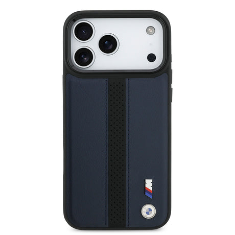 Apple iPhone 17 Pro Max Kılıf BMW Orjinal Lisanslı M-safe Şarj Özellikli Deri Arka Yüzey Metal Logolu Delikli Şerit Tasarımlı Kapak