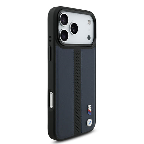 Apple iPhone 17 Pro Max Kılıf BMW Orjinal Lisanslı M-safe Şarj Özellikli Deri Arka Yüzey Metal Logolu Delikli Şerit Tasarımlı Kapak