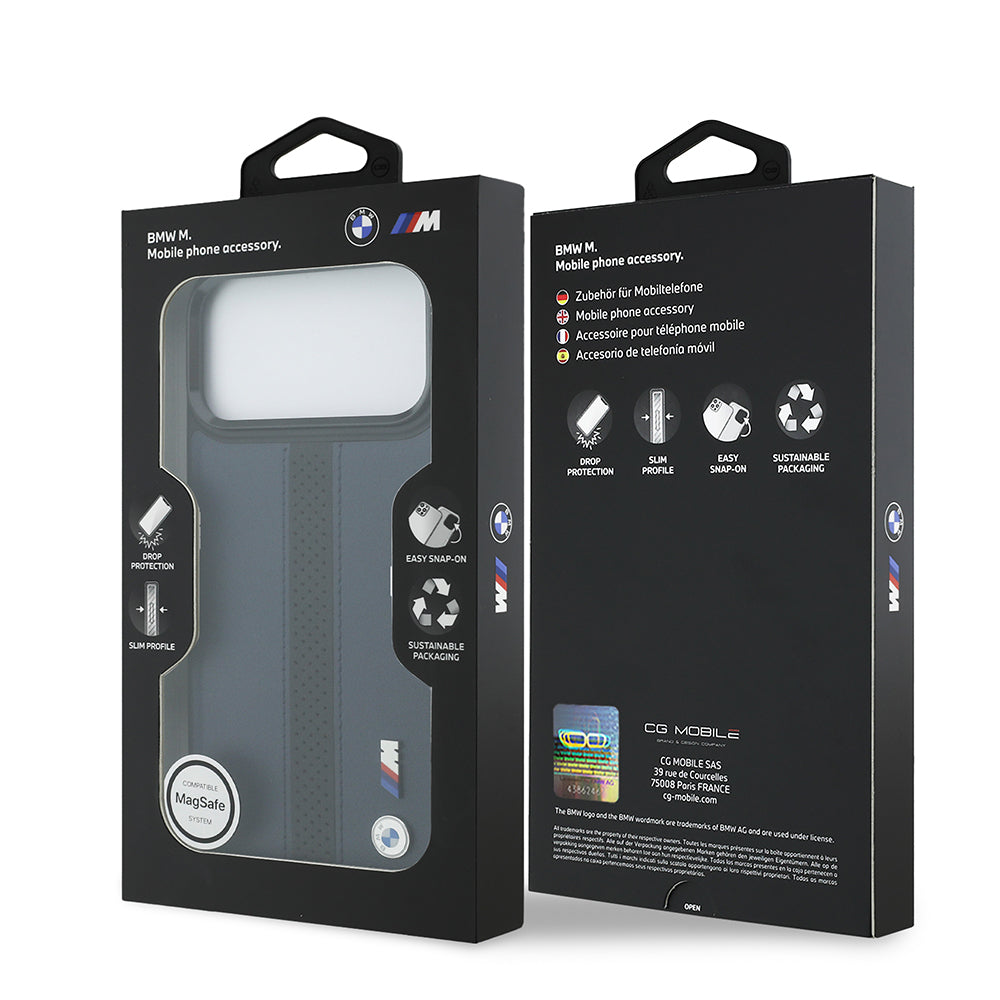 Apple iPhone 17 Pro Max Kılıf BMW Orjinal Lisanslı M-safe Şarj Özellikli Deri Arka Yüzey Metal Logolu Delikli Şerit Tasarımlı Kapak