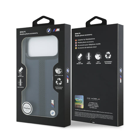 Apple iPhone 17 Pro Max Kılıf BMW Orjinal Lisanslı M-safe Şarj Özellikli Deri Arka Yüzey Metal Logolu Delikli Şerit Tasarımlı Kapak