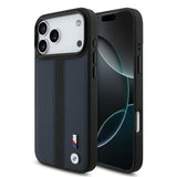 Apple iPhone 17 Pro Max Kılıf BMW Orjinal Lisanslı M-safe Şarj Özellikli Deri Arka Yüzey Metal Logolu Delikli Şerit Tasarımlı Kapak